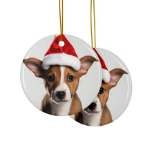 DistinctInk Hanging Ceramic Christmas Tree Ornament with Gold String - Great Gift/Present - 2 3/4 inch Diameter - Basenji Puppy Design