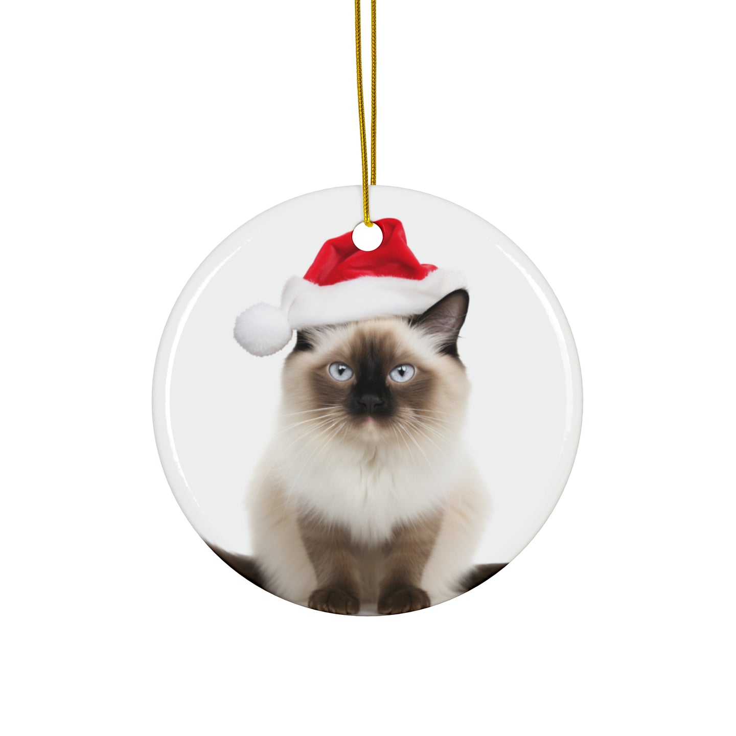 DistinctInk Hanging Ceramic Christmas Tree Ornament with Gold String - Great Gift/Present - 2 3/4 inch Diameter - Balinese Cat Design