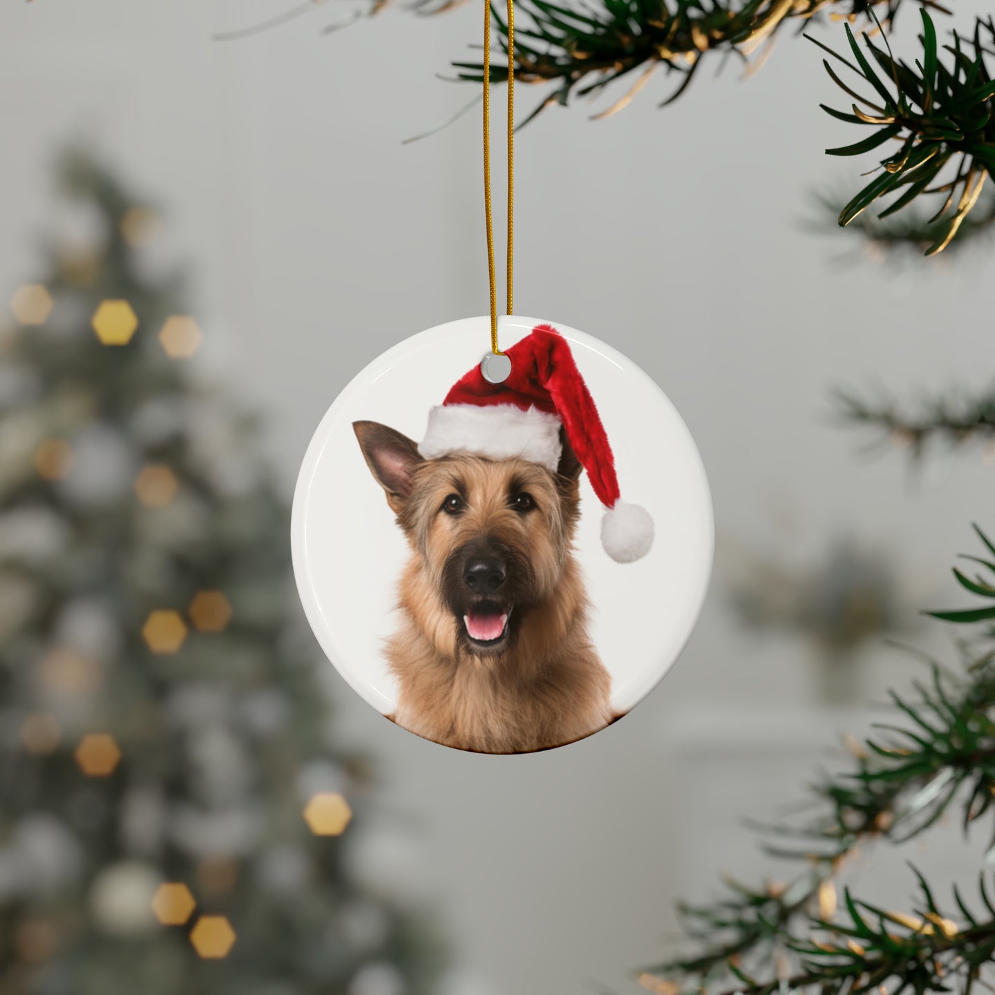 DistinctInk Hanging Ceramic Christmas Tree Ornament with Gold String - Great Gift/Present - 2 3/4 inch Diameter - Berger Picard Design