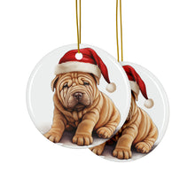 DistinctInk Hanging Ceramic Christmas Tree Ornament with Gold String - Great Gift/Present - 2 3/4 inch Diameter - Chinese Shar-Pei Puppy Drawing Design