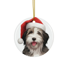 DistinctInk Hanging Ceramic Christmas Tree Ornament with Gold String - Great Gift/Present - 2 3/4 inch Diameter - Bearded Collie Puppy Drawing Design