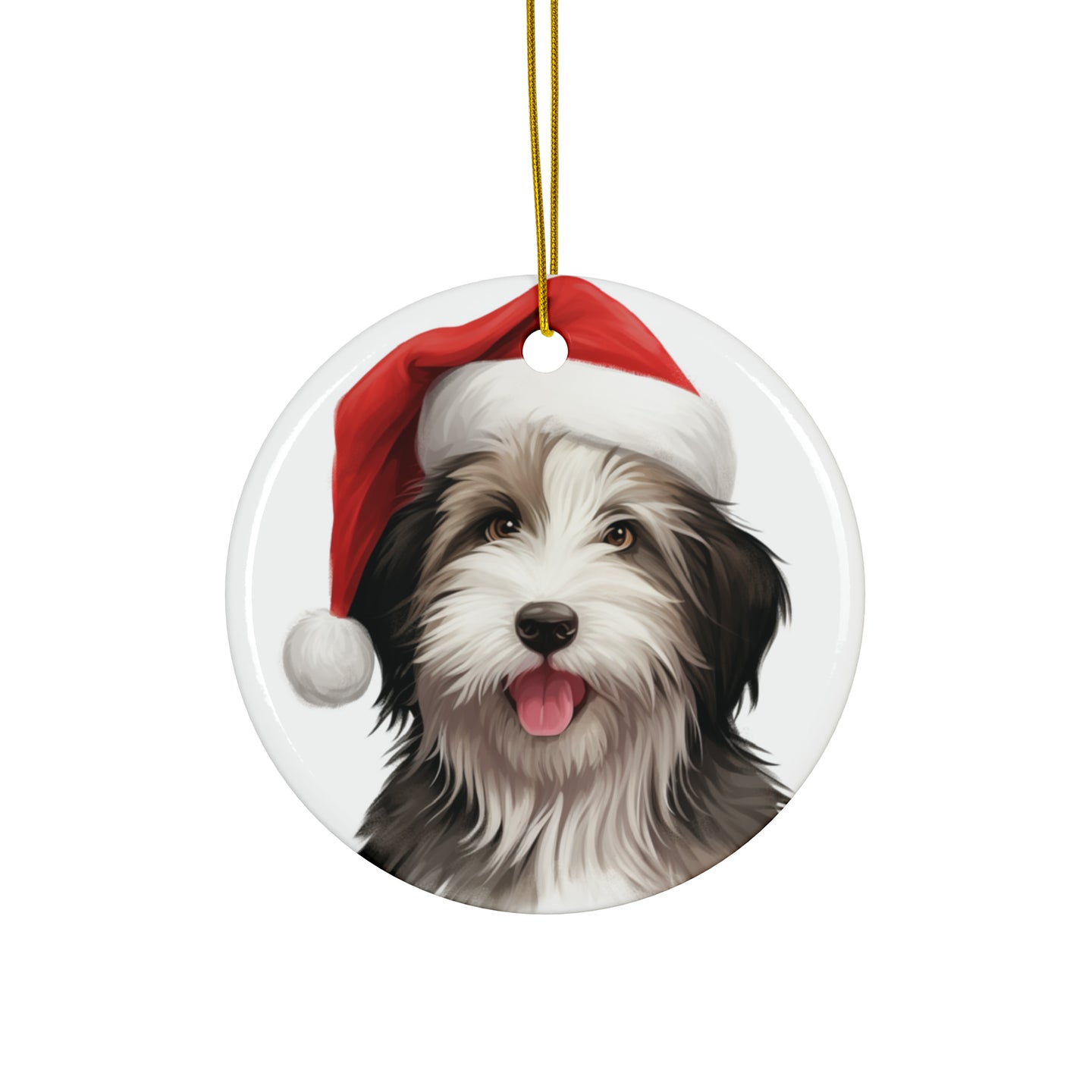 DistinctInk Hanging Ceramic Christmas Tree Ornament with Gold String - Great Gift/Present - 2 3/4 inch Diameter - Bearded Collie Puppy Drawing Design