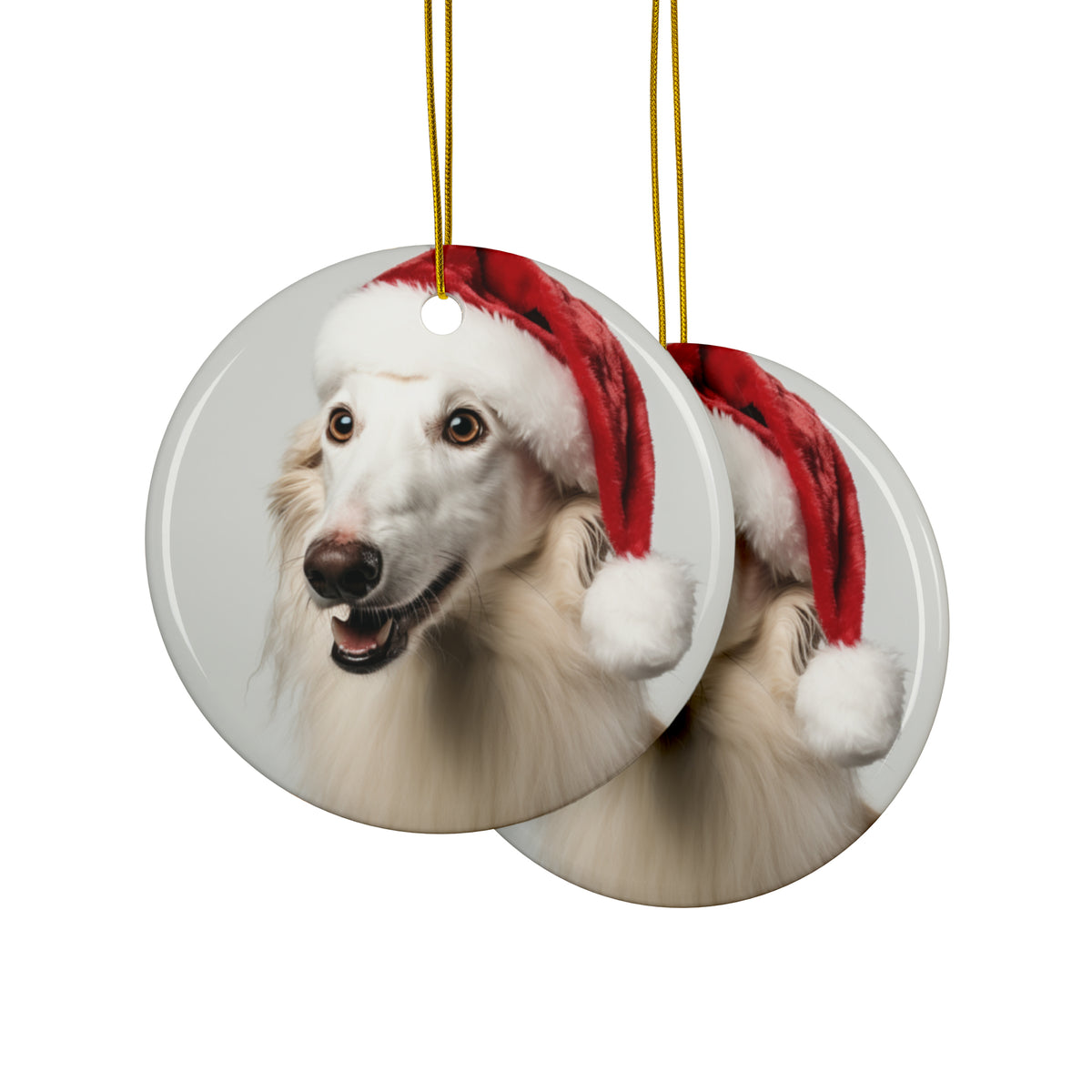 Hanging Ceramic Christmas Tree Ornament with Gold String - Borzoi Puppy Design, view 2