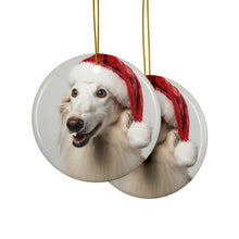 DistinctInk Hanging Ceramic Christmas Tree Ornament with Gold String - Great Gift/Present - 2 3/4 inch Diameter - Borzoi Puppy Design