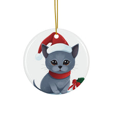 DistinctInk Hanging Ceramic Christmas Tree Ornament with Gold String - Great Gift/Present - 2 3/4 inch Diameter - Korat Cat Design