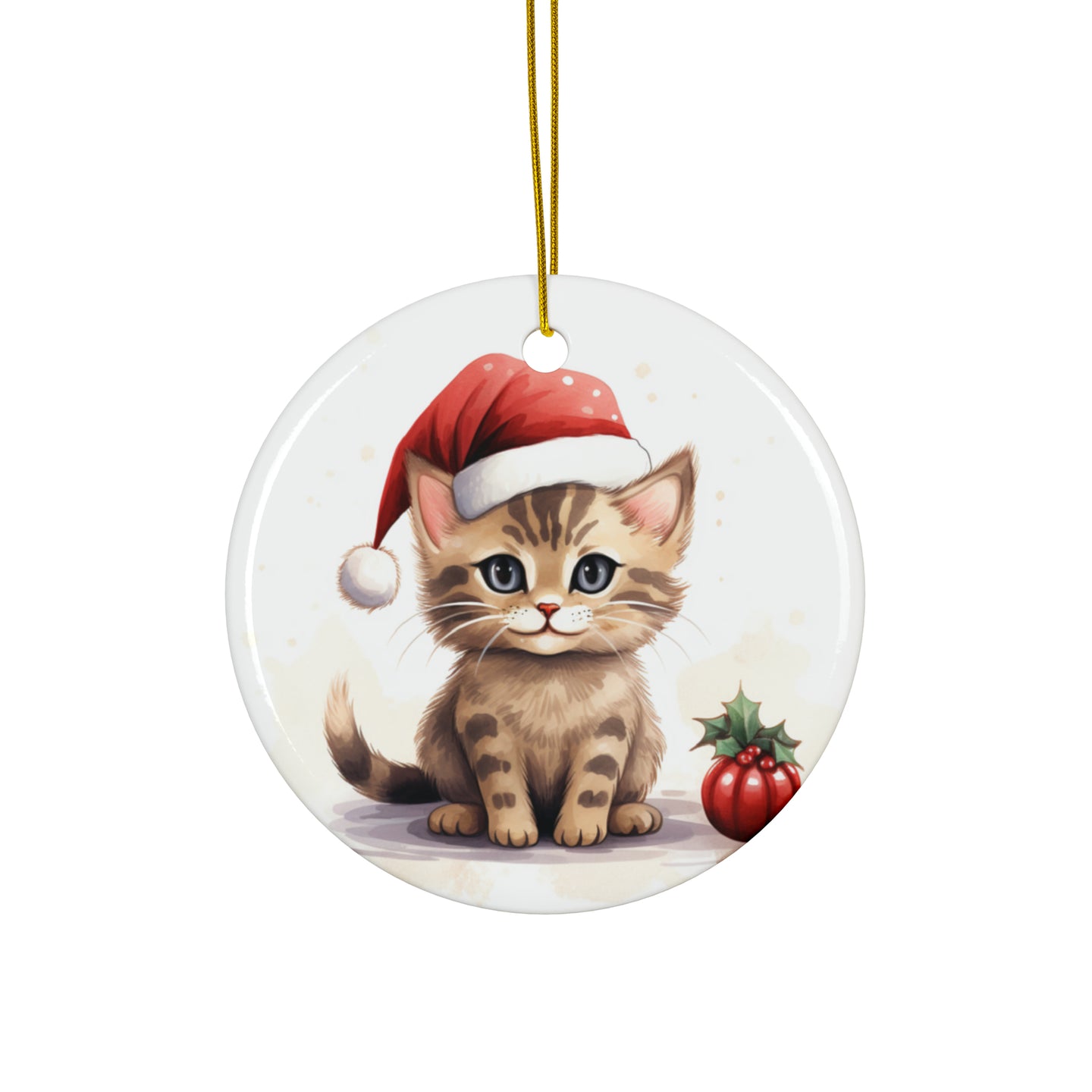DistinctInk Hanging Ceramic Christmas Tree Ornament with Gold String - Great Gift/Present - 2 3/4 inch Diameter - Serengeti Cat Design