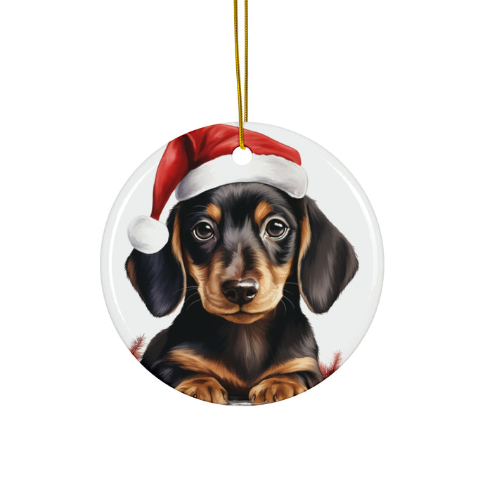 DistinctInk Hanging Ceramic Christmas Tree Ornament with Gold String - Great Gift/Present - 2 3/4 inch Diameter - Dachshund Puppy Drawing Design