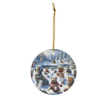 DistinctInk Hanging Ceramic Christmas Tree Ornament Charm with Gold String - Great Gift/Present - 2 3/4 inch Diameter - Pets' Snowy Christmas Adventure