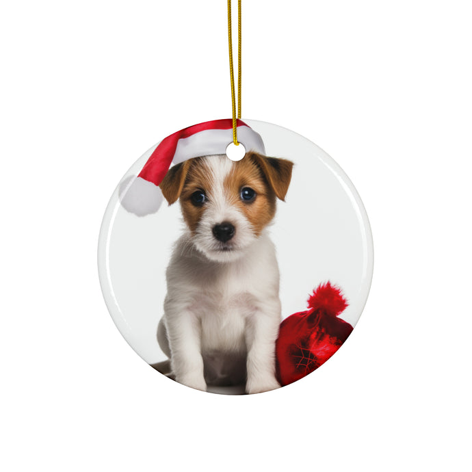 DistinctInk Hanging Ceramic Christmas Tree Ornament with Gold String - Great Gift/Present - 2 3/4 inch Diameter - Parson Russell Terrier Puppy Design