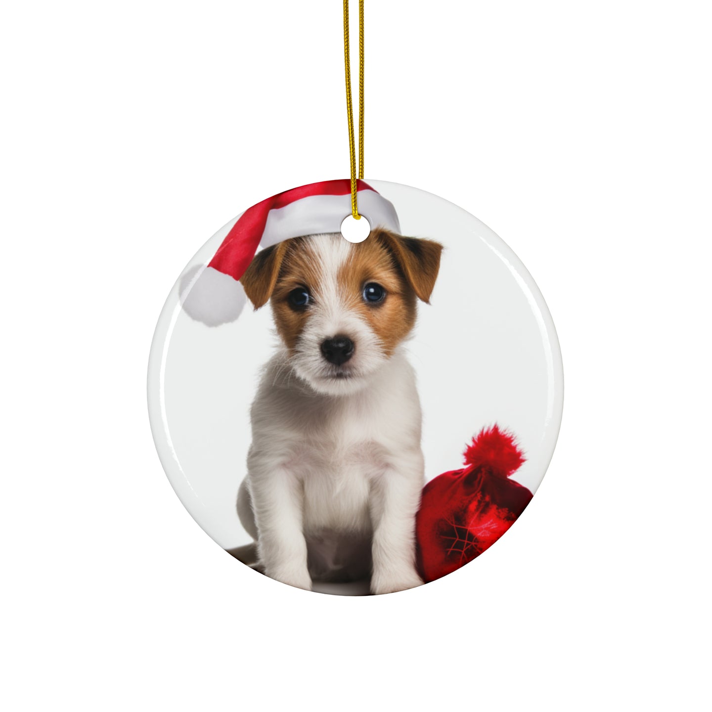 DistinctInk Hanging Ceramic Christmas Tree Ornament with Gold String - Great Gift/Present - 2 3/4 inch Diameter - Parson Russell Terrier Puppy Design