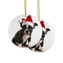 DistinctInk Hanging Ceramic Christmas Tree Ornament with Gold String - Great Gift/Present - 2 3/4 inch Diameter - Boston Terrier Puppy Design