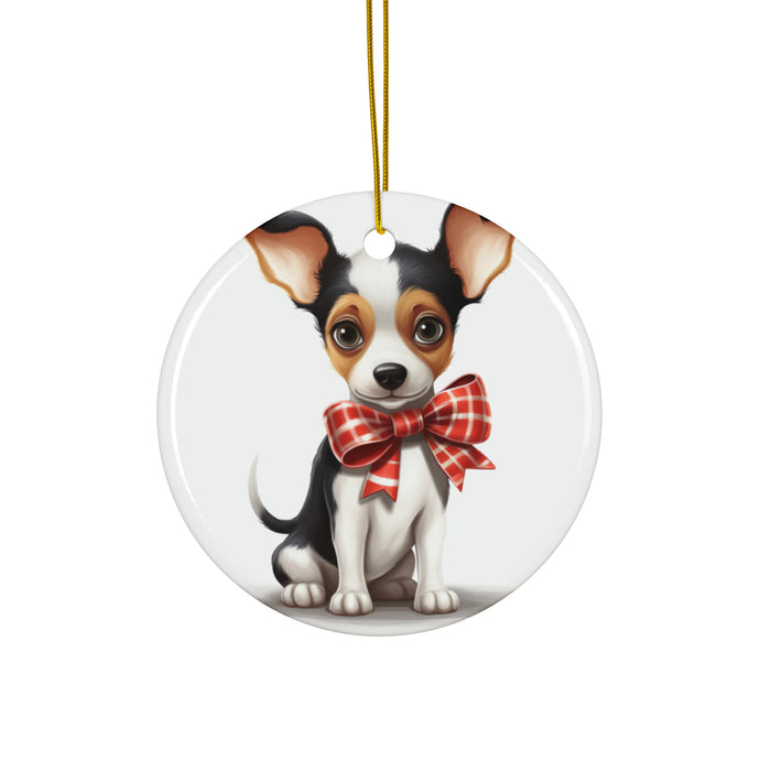 DistinctInk Hanging Ceramic Christmas Tree Ornament with Gold String - Great Gift/Present - 2 3/4 inch Diameter - Toy Fox Terrier Puppy Drawing Design