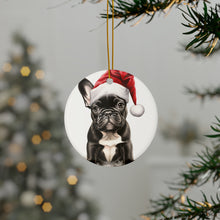 DistinctInk Hanging Ceramic Christmas Tree Ornament with Gold String - Great Gift/Present - 2 3/4 inch Diameter - French Bulldog Puppy Drawing Design
