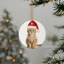 DistinctInk Hanging Ceramic Christmas Tree Ornament with Gold String - Great Gift/Present - 2 3/4 inch Diameter - Manx Cat Design