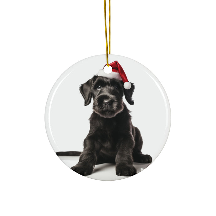 DistinctInk Hanging Ceramic Christmas Tree Ornament with Gold String - Great Gift/Present - 2 3/4 inch Diameter - Giant Schnauzer Puppy Design