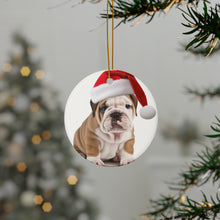 DistinctInk Hanging Ceramic Christmas Tree Ornament with Gold String - Great Gift/Present - 2 3/4 inch Diameter - Bulldog Puppy Design