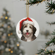 DistinctInk Hanging Ceramic Christmas Tree Ornament with Gold String - Great Gift/Present - 2 3/4 inch Diameter - Bearded Collie Puppy Drawing Design