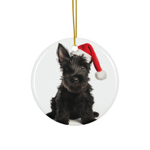 DistinctInk Hanging Ceramic Christmas Tree Ornament with Gold String - Great Gift/Present - 2 3/4 inch Diameter - Scottish Terrier Puppy Design