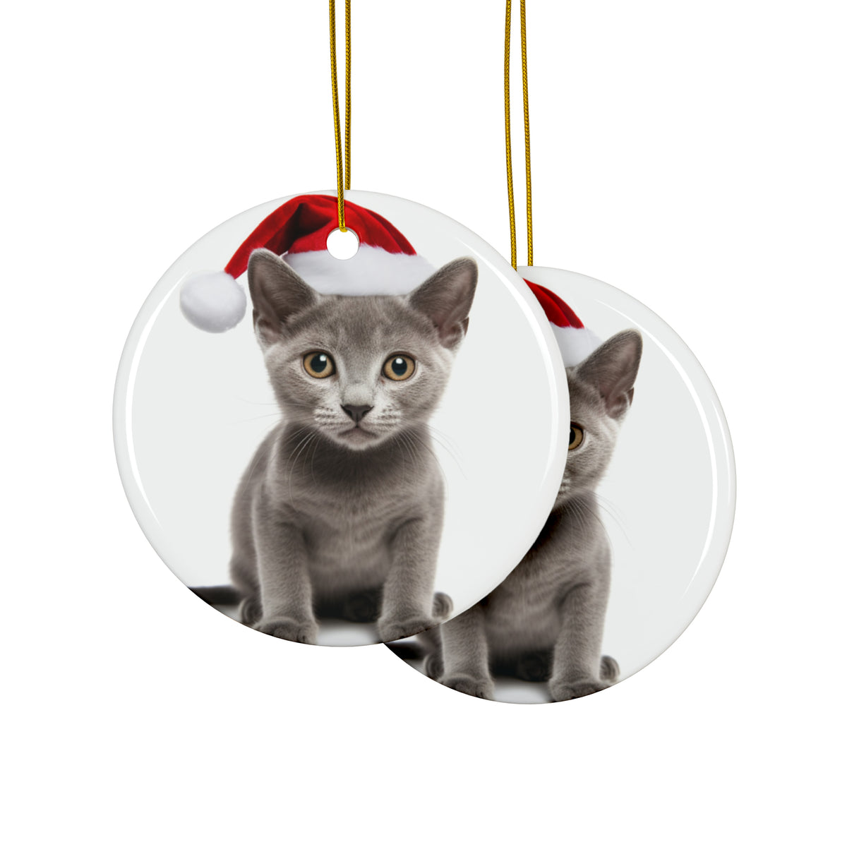 Hanging Ceramic Christmas Tree Ornament with Gold String - Korat Kitten Design, view 2