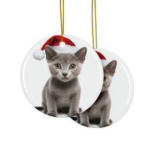 DistinctInk Hanging Ceramic Christmas Tree Ornament with Gold String - Great Gift/Present - 2 3/4 inch Diameter - Korat Kitten Design
