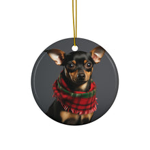 DistinctInk Hanging Ceramic Christmas Tree Ornament with Gold String - Great Gift/Present - 2 3/4 inch Diameter - Miniature Pinscher Design