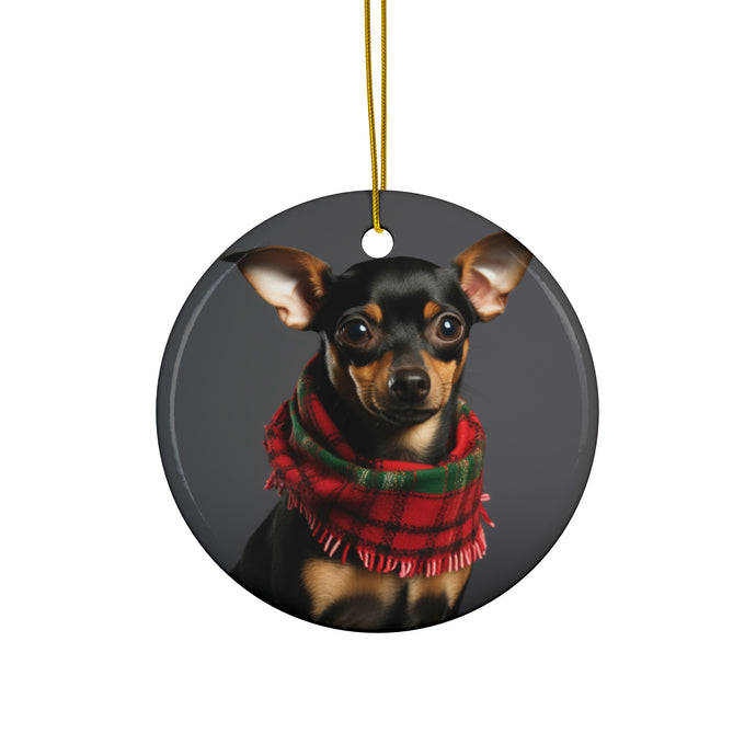 DistinctInk Hanging Ceramic Christmas Tree Ornament with Gold String - Great Gift/Present - 2 3/4 inch Diameter - Miniature Pinscher Design