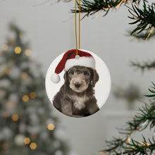 DistinctInk Hanging Ceramic Christmas Tree Ornament with Gold String - Great Gift/Present - 2 3/4 inch Diameter - Bedlington Terrier Puppy Design