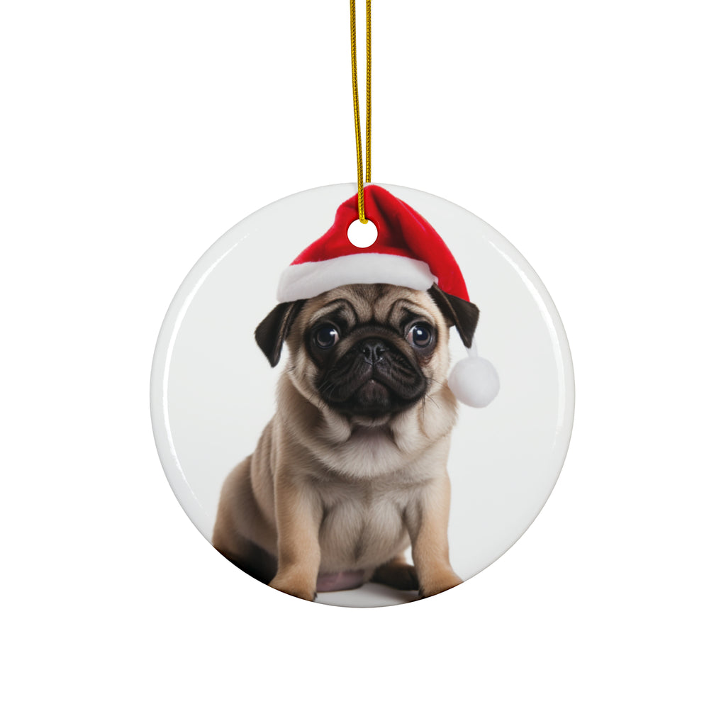 Hanging Ceramic Christmas Tree Ornament with Gold String - Pug Puppy Design