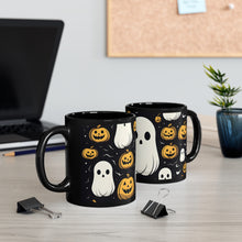 DistinctInk Black Coffee Mug - Skeletal Ghostly Pumpkin Fun for Halloween