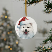 DistinctInk Hanging Ceramic Christmas Tree Ornament with Gold String - Great Gift/Present - 2 3/4 inch Diameter - Samoyed Puppy Drawing Design
