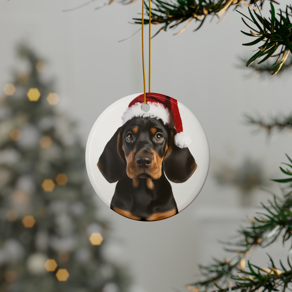 Hanging Ceramic Christmas Tree Ornament with Gold String - Black and Tan Coonhound Puppy Design, view 3