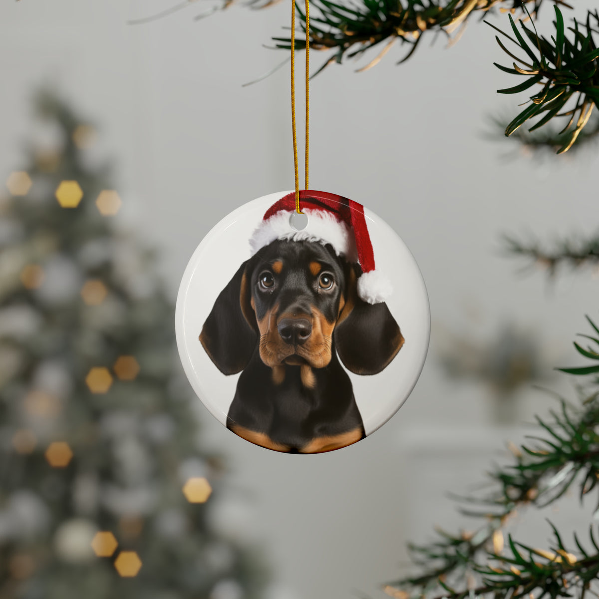 Hanging Ceramic Christmas Tree Ornament with Gold String - Black and Tan Coonhound Puppy Design, view 3