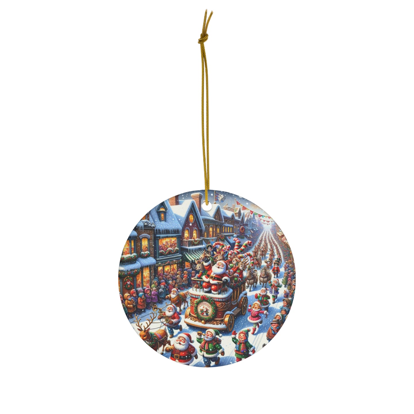 DistinctInk Hanging Ceramic Christmas Tree Ornament Charm with Gold String - Great Gift/Present - 2 3/4 inch Diameter - Santa's Parade of Joy