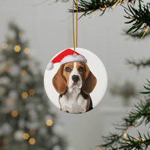 DistinctInk Hanging Ceramic Christmas Tree Ornament with Gold String - Great Gift/Present - 2 3/4 inch Diameter - Beagle Design