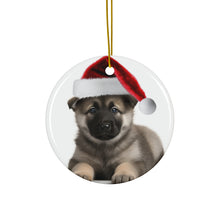 DistinctInk Hanging Ceramic Christmas Tree Ornament with Gold String - Great Gift/Present - 2 3/4 inch Diameter - Norwegian Elkhound Puppy Design