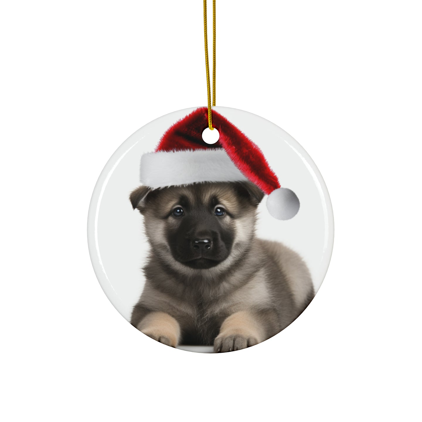 DistinctInk Hanging Ceramic Christmas Tree Ornament with Gold String - Great Gift/Present - 2 3/4 inch Diameter - Norwegian Elkhound Puppy Design