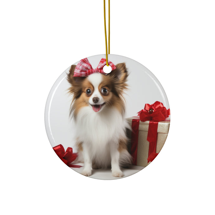 DistinctInk Hanging Ceramic Christmas Tree Ornament with Gold String - Great Gift/Present - 2 3/4 inch Diameter - Papillon Puppy Design