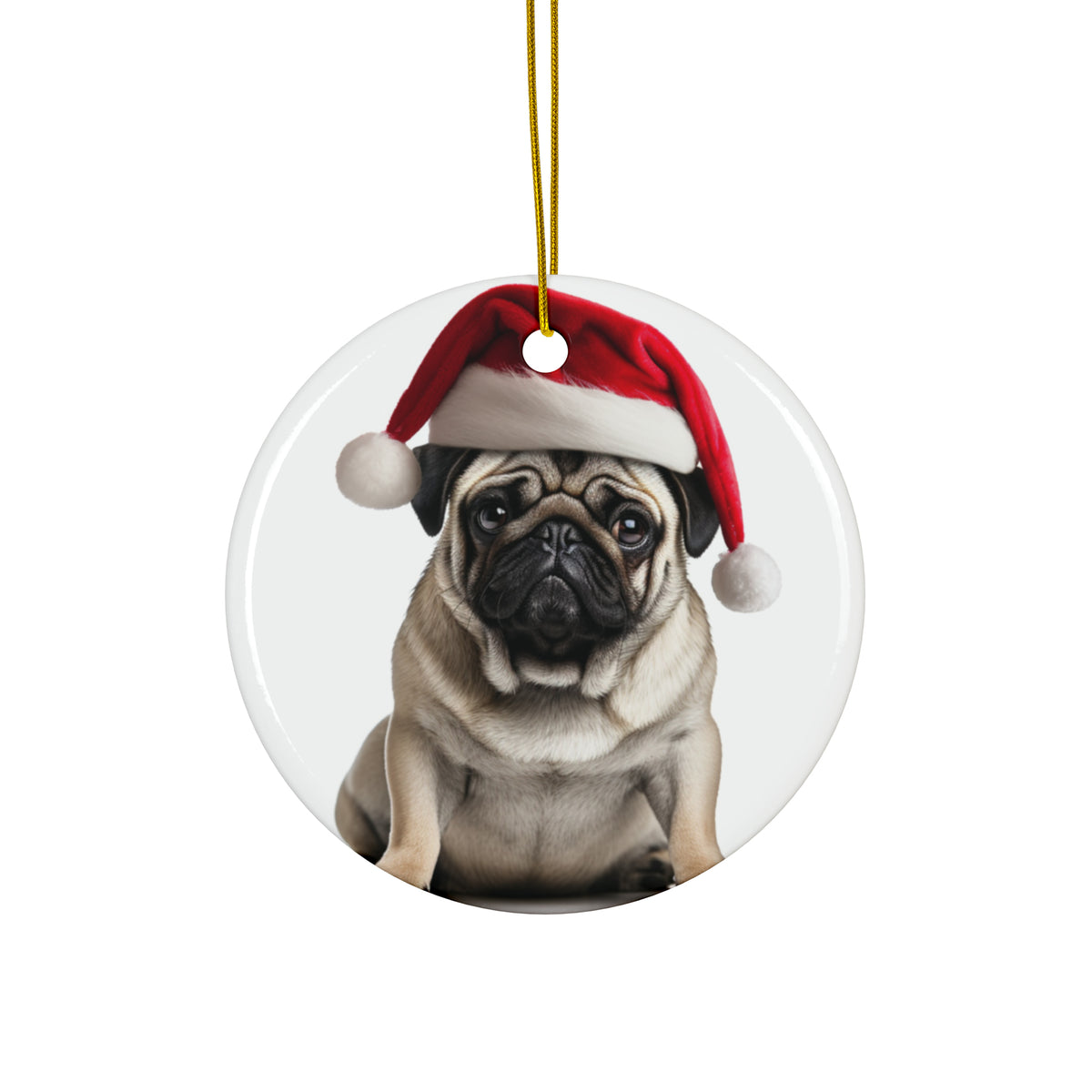 Hanging Ceramic Christmas Tree Ornament with Gold String - Pug Design