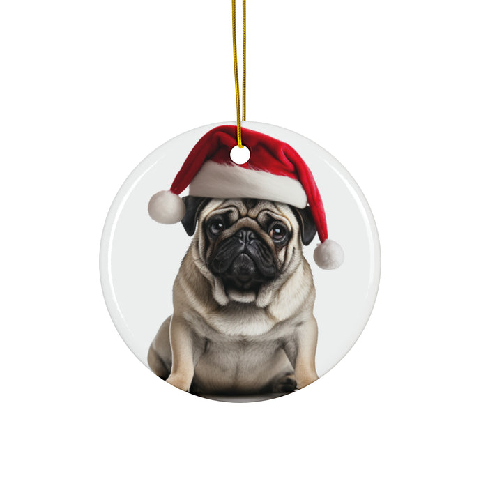 DistinctInk Hanging Ceramic Christmas Tree Ornament with Gold String - Great Gift/Present - 2 3/4 inch Diameter - Pug Design