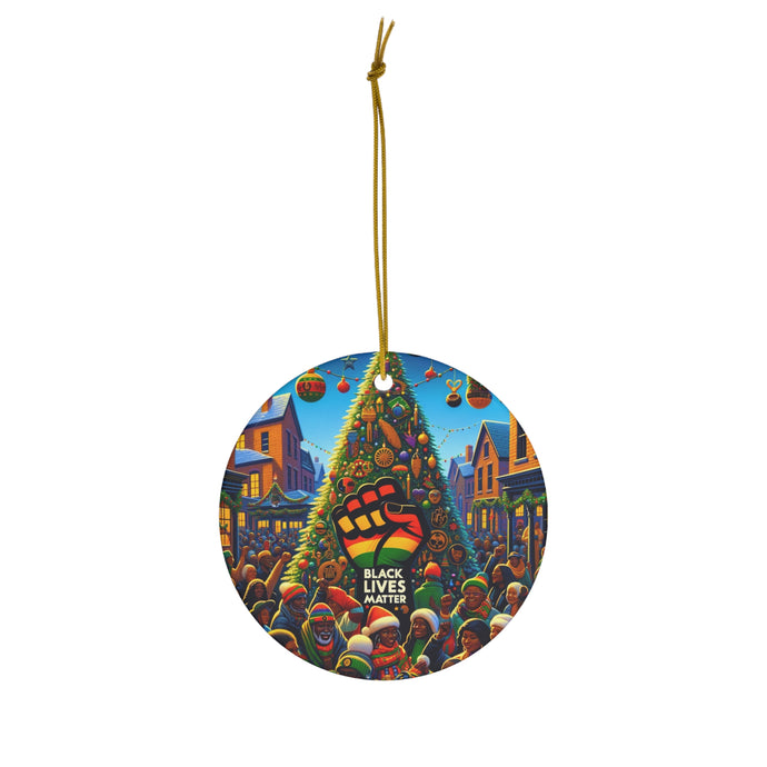 DistinctInk Hanging Ceramic Christmas Tree Ornament Charm with Gold String - Great Gift/Present - 2 3/4 inch Diameter - Christmas Unity for Black Lives
