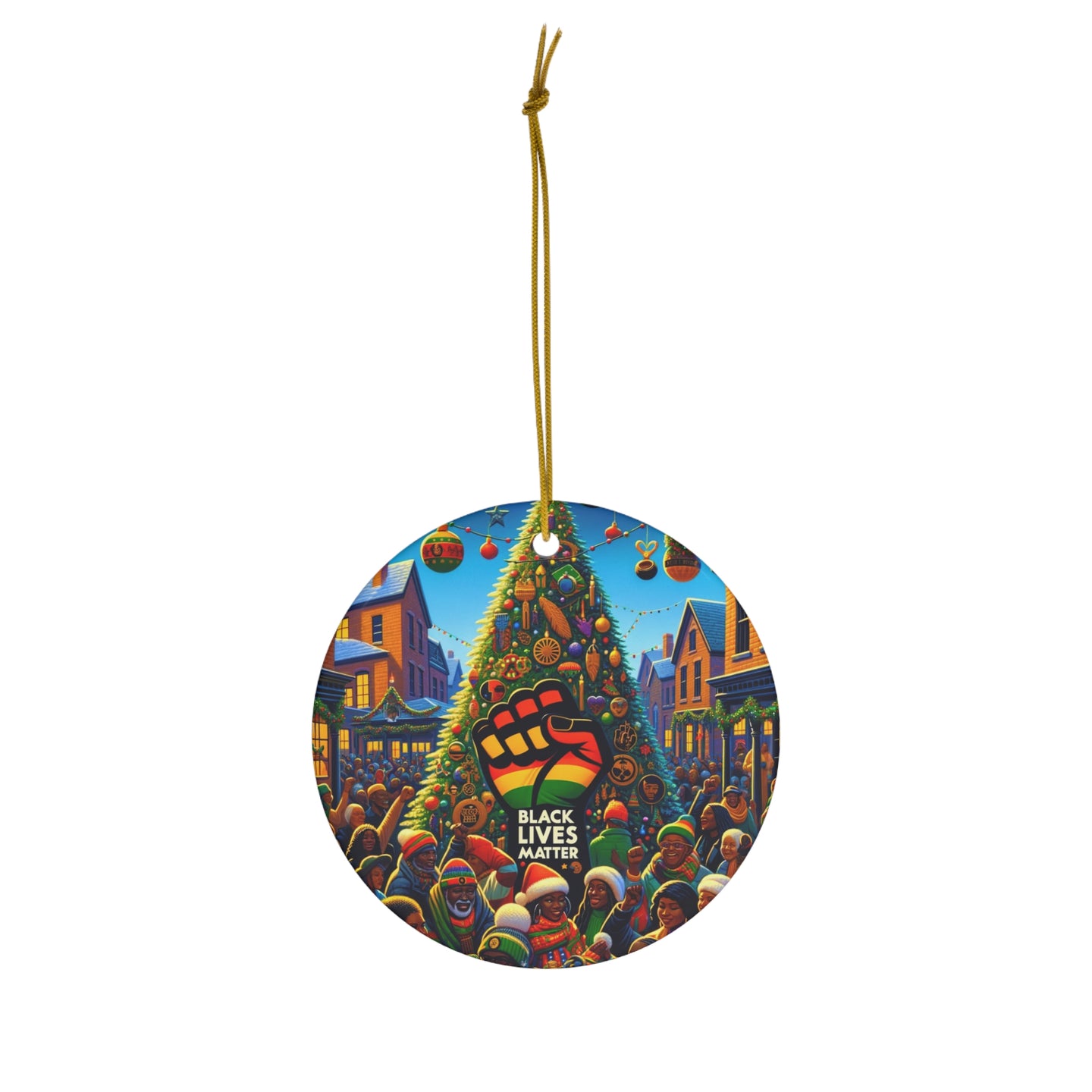 DistinctInk Hanging Ceramic Christmas Tree Ornament Charm with Gold String - Great Gift/Present - 2 3/4 inch Diameter - Christmas Unity for Black Lives