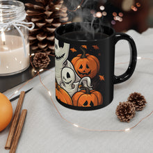 DistinctInk Black Coffee Mug - Ghost Skeleton Pumpkin Pattern for Halloween