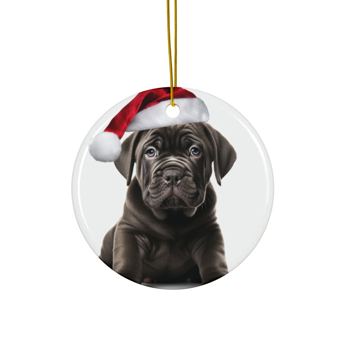 DistinctInk Hanging Ceramic Christmas Tree Ornament with Gold String - Great Gift/Present - 2 3/4 inch Diameter - Cane Corso Puppy Design