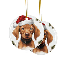 DistinctInk Hanging Ceramic Christmas Tree Ornament with Gold String - Great Gift/Present - 2 3/4 inch Diameter - Vizsla Puppy Drawing Design
