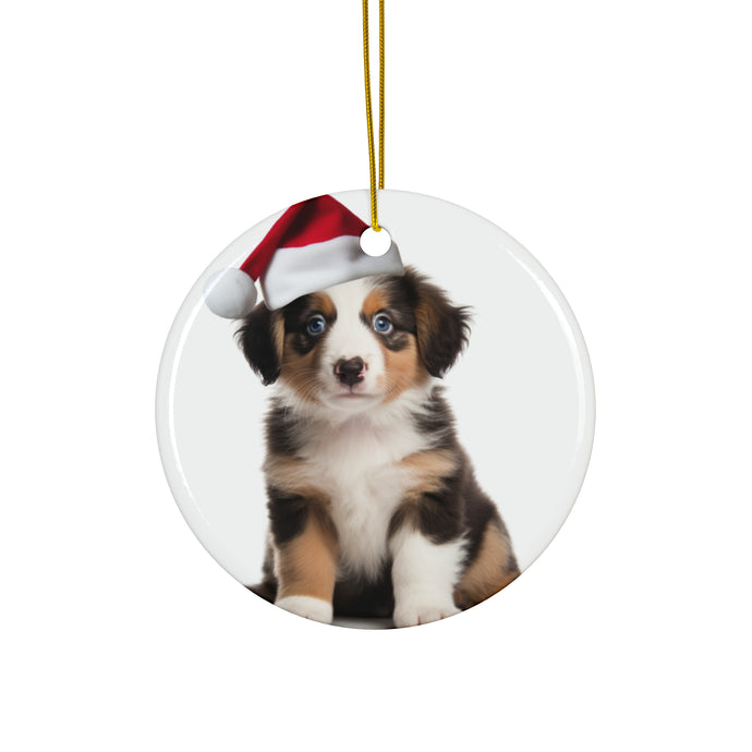 DistinctInk Hanging Ceramic Christmas Tree Ornament with Gold String - Great Gift/Present - 2 3/4 inch Diameter - Australian Shepherd Puppy Design