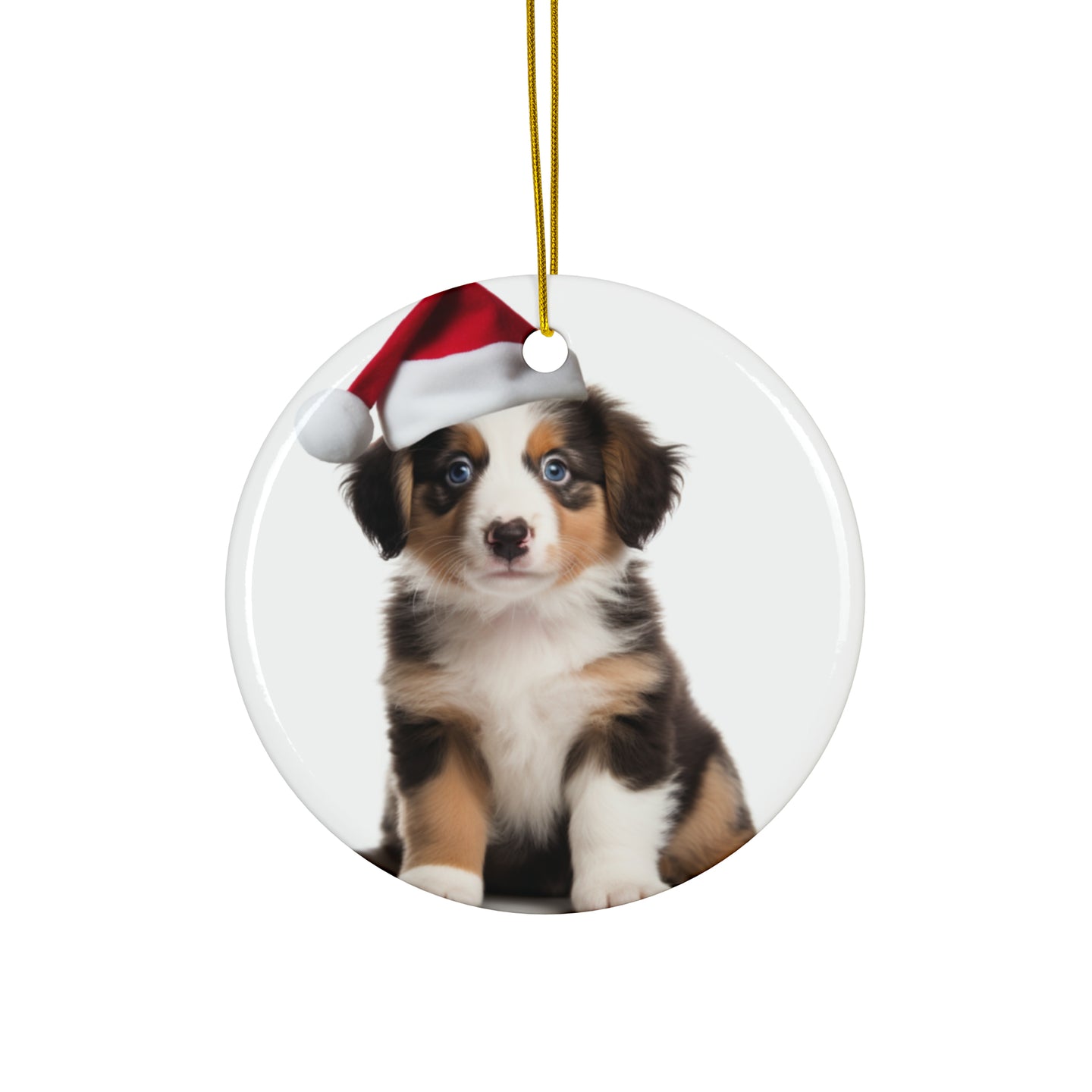 DistinctInk Hanging Ceramic Christmas Tree Ornament with Gold String - Great Gift/Present - 2 3/4 inch Diameter - Australian Shepherd Puppy Design
