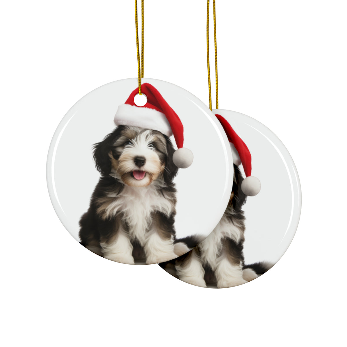 Hanging Ceramic Christmas Tree Ornament with Gold String - Bearded Collie Puppy Design, view 2