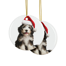 DistinctInk Hanging Ceramic Christmas Tree Ornament with Gold String - Great Gift/Present - 2 3/4 inch Diameter - Bearded Collie Puppy Design