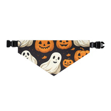 DistinctInk Adjustable Pet Banana Collar with Ghastly Skeleton Pumpkin Party Design for Halloween