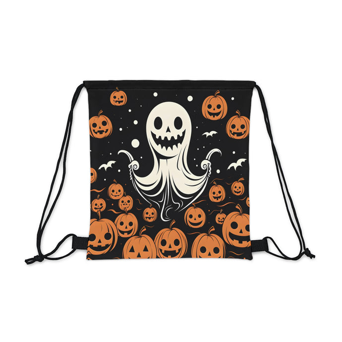 DistinctInk Drawstring Bag / Backpack with Ghost Skeleton Cartoon Pumpkins Design for Halloween